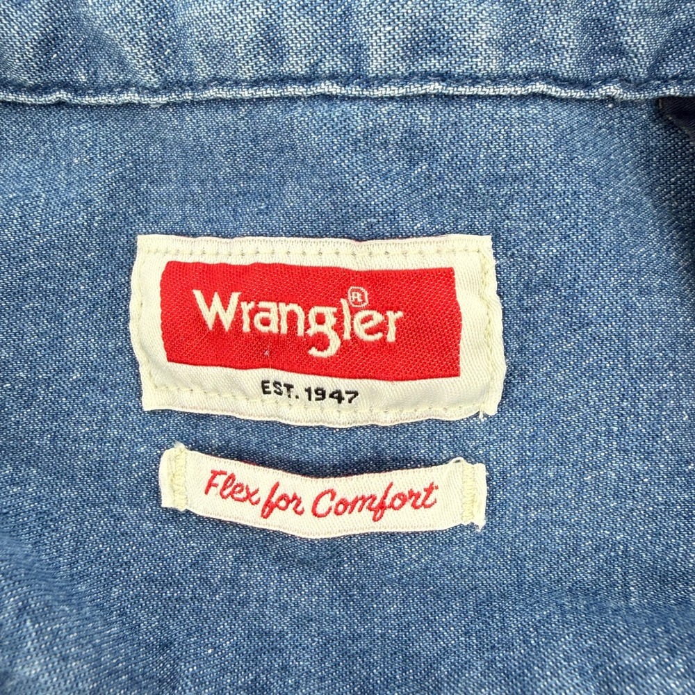 Wrangler Denim‎ Short Sleeve Embroidered Button Down Shirt Blue Women L Raw Hem - Picture 7 of 8